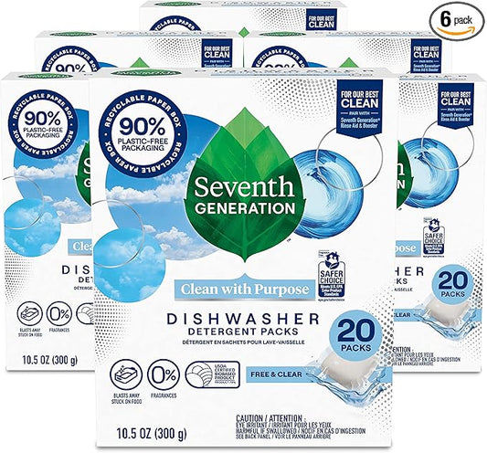 Seventh Generation Dishwasher Detergent Packs Free & Clear Pack of 6 for sparkling dishes Dishwasher tabs, 20 count