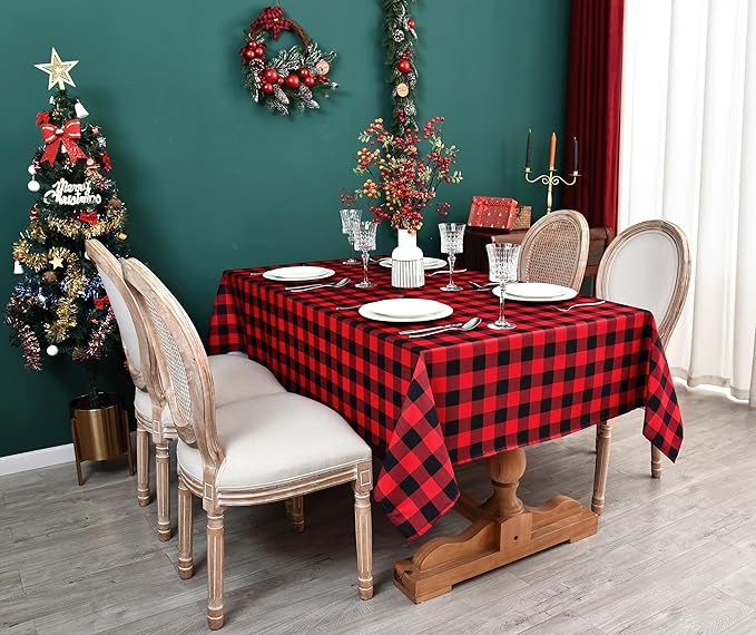 Classic Gingham Buffalo Xmas Tablecloth Fabric - Oblong 58x144 Inch Water Proof Checkered Table Cloth for Indoor Outdoor - Red Christmas Plaid Table Cover for Christmas, Holiday, New Year