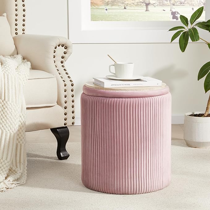 Round Ottoman with Storage Set of 2,Vanity Stool with Storage for Bedroom, Ottoman Coffee Table,Small Velvet Foot Stool for Living Room, Pink