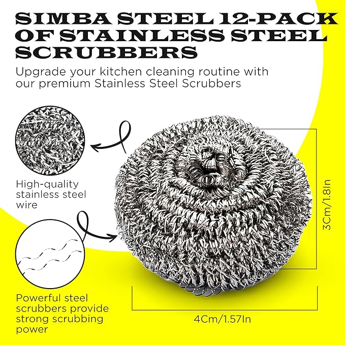 12Pcs Simba Stainless Steel Wool Scrubber Pads for Cleaning Pans, Pots, Dishes, Ovens, Grills, Sinks, Bathroom and Kitchen, Scourer 12 Pack