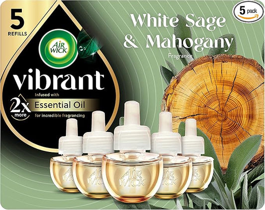 Air Wick Plug in Scented Oil Refill, 5ct, White Sage & Mahogany, Air Freshener, Essential Oils
