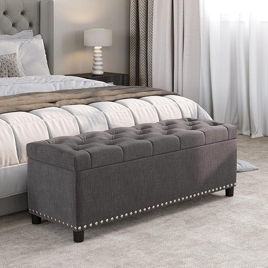 BELLEZE 47" Storage Ottoman, Storage Bench with Safety Close Hinge, Linen Button-Tufted Ottoman for Living Room, Entryway, Hallway, Foot Rest, Support 300lbs - Dark Gray