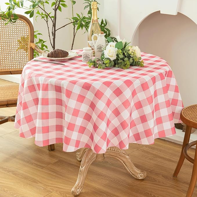 Waterproof Plaid Tablecloth Fabric - Round 70 Inch Classic Gingham Checker Table Cloth for Indoor/Outdoor Use - Buffalo Table Cover for Picnics, BBQs, and Parties