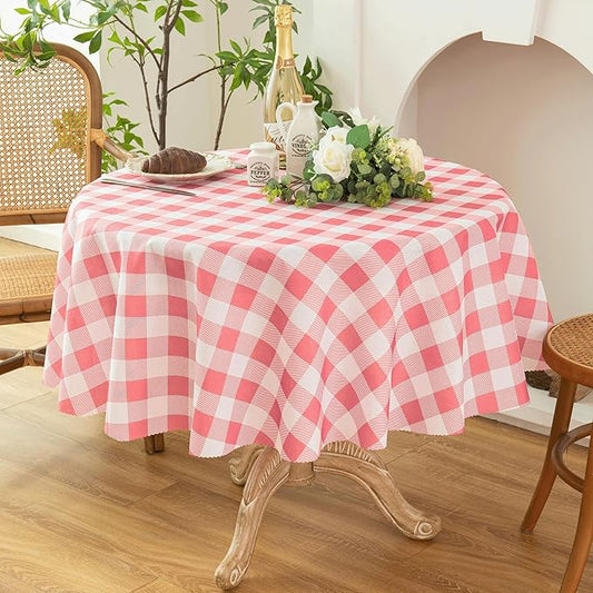 Waterproof Plaid Tablecloth Fabric - Round 70 Inch Classic Gingham Checker Table Cloth for Indoor/Outdoor Use - Buffalo Table Cover for Picnics, BBQs, and Parties