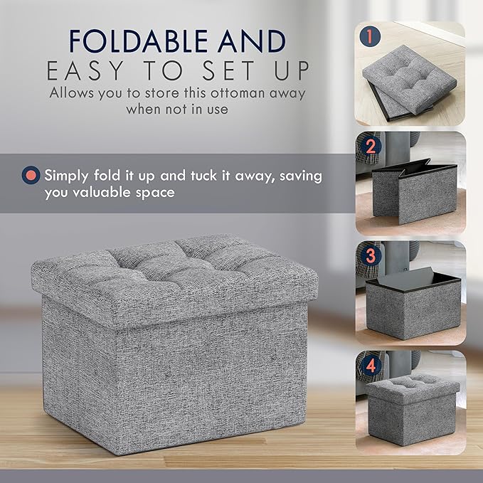 Ornavo Home Small Storage Ottoman, Set of 2, Foldable Collapsible Rectangle Linen Ottoman Foot Rest Stool Seat, for Living Room, Bedroom, Home Office, Dorm - 12 x 16 x 12, Gray