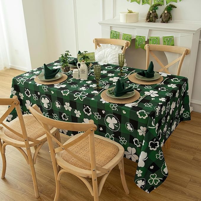 Green Waterproof Plaid St.Patrick Tablecloth Fabric - Square 58x58 Inch Classic Gingham Checker Holiday Table Cloth for Indoor Use - Lucky Shamrock Table Cover for BBQs, and Parties