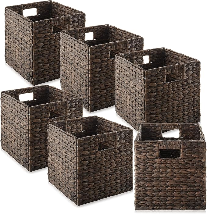 Casafield 10.5" x 10.5" Water Hyacinth Storage Baskets, Espresso - Set of 6 Collapsible Cube Organizers, Woven Bins for Bathroom, Bedroom, Laundry, Pantry, Shelves