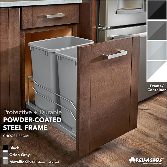 Rev-A-Shelf Double Trash Can Under Kitchen Cabinets Pullout, 35 Quart 8.75 Gallon with Soft-Close Slides, White, 53WC-1835SCDM-211