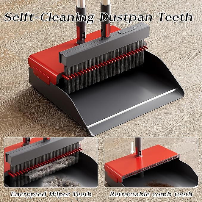 Broom with Dustpan Combo Set 50” Adjustable Long Handle 180 Degree Rotating Broom Set with Comb Teeth Upright Standing Dust Pan for Home Room Kitchen