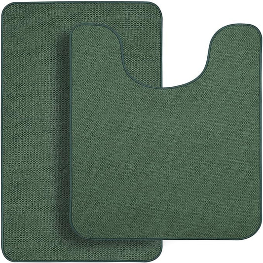 Bathroom Rugs Set 2 Pieces,Thin Bathroom Mats,Toilet Rugs,Quick Dry,Non-Slip,Machine Washable,Low Pile,Absorbent Bath Mats,Shower,Sink,Home Decor Accessories.Green,1'5"x2'3"+1'8"x2" U Shape