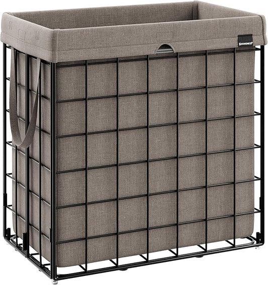 SONGMICS Laundry Hamper, 29 Gal. (110L) Laundry Basket, Collapsible Clothes Hamper, Removable and Washable Liner, Metal Wire Frame, for Bedroom Bathroom, Black and Camel Brown ULCB111N01