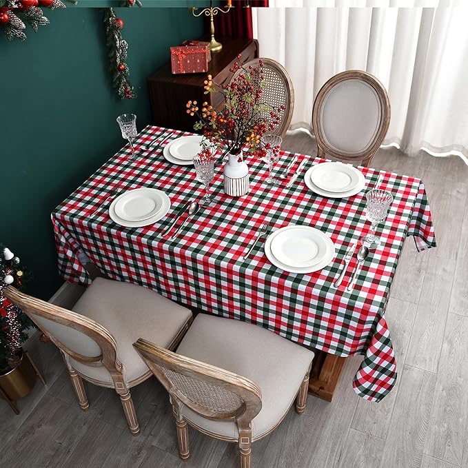 Waterproof Checkered Tablecloth Fabric - Rectangle 58x84 Inch Christmas Plaid Table Cloth for Indoor/Outdoor Use - Xmas Table Cover for Kitchen, BBQs, and Parties