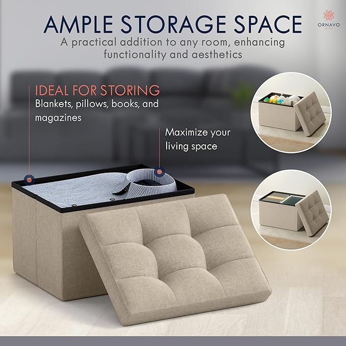 Ornavo Home Small Storage Ottoman Foldable Collapsible Rectangle Linen Ottoman Foot Rest Stool Seat, for Living Room, Bedroom, Home Office, Dorm - 12 x 16 x 12, Taupe