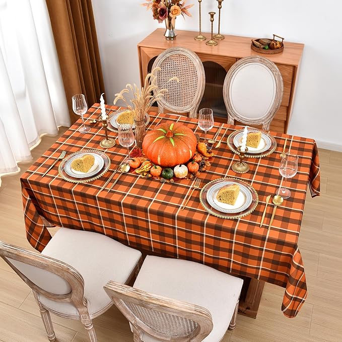 Waterproof Gingham Festive Tablecloth Fabric - Oblong 52x70 Inch Classic Buffalo Tartan Autumn Table Cloth for Outdoor Use - Give Thanks Tabletop Cover Perfect for Halloween, BBQs, Parties