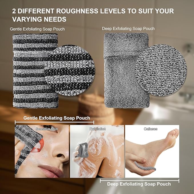 4 Pack Soap Bag Different Roughness Deep and Gentle,Bar Soap Pouch Saver Pocket,Exfoliating Body Scrubber Shower Bath Sponge Loofah (Grey)
