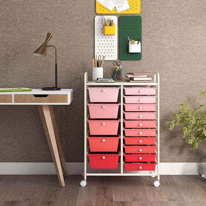 GOFLAME 15-Drawer Rolling Storage Cart, Multipurpose Movable Organizer Cart, Utility Cart for Home, Office, School, Pink