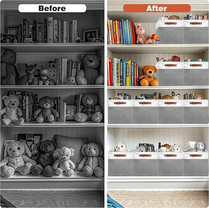 11in Open Fabric Storage Basket with Leather Handles for Organizing, Collapsible Linen Closet Bins for Shelves, Closets, Laundry, Decorative Basket for Gifts. (White＆Gray, 3PCS/11x11in)