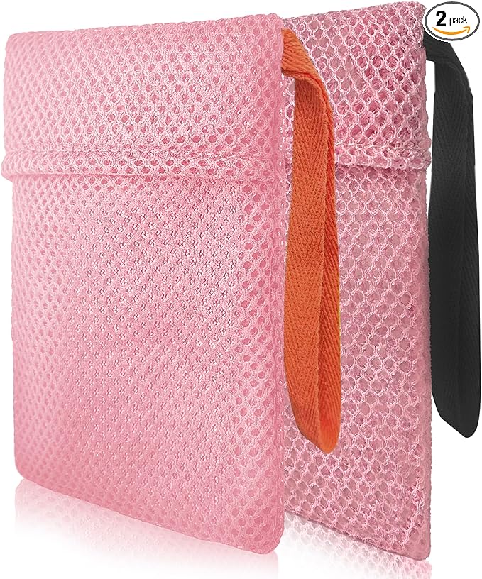 2 Pack Soap Bag Different Roughness Deep and Gentle,Bar Soap Pouch Saver Pocket,Body Scrubber Shower Sponge Loofah,Exfoliating Bath Sponge (Pink)