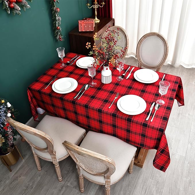 Red Gingham Christmas Plaid Tablecloth - Rectangular 58x102 Inch Water Resistant Table Cloth for Indoor/Outdoor Use - Holiday Table Cover for Kitchen, Picnics, and Parties