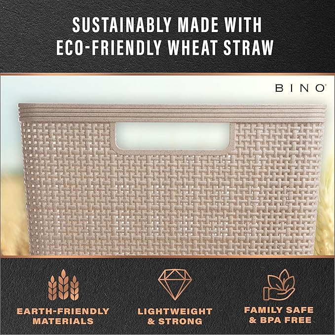 BINO - Woven Plastic Basket, Medium (Natural), 4-Pack, The Jute Collection, Home Organization, Space-Saving Storage, Stylish Design, Jute Basket
