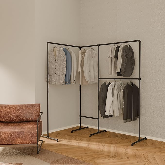 pamo Industrial Pipe Clothing Rack with Shelf - 220 lbs Capacity - Free Standing Clothes Rack and Walk In Closet for Wardrobe