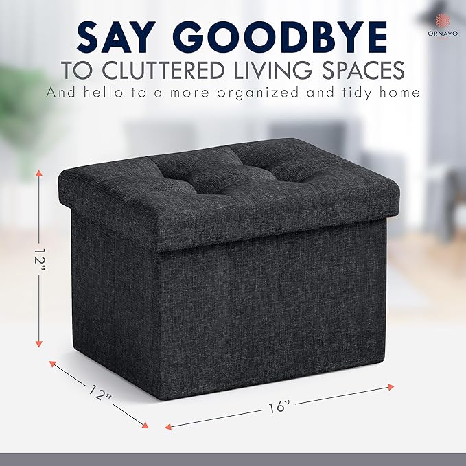 Ornavo Home Small Storage Ottoman Foldable Collapsible Rectangle Linen Ottoman Foot Rest Stool Seat, for Living Room, Bedroom, Home Office, Dorm - 12 x 16 x 12, Black