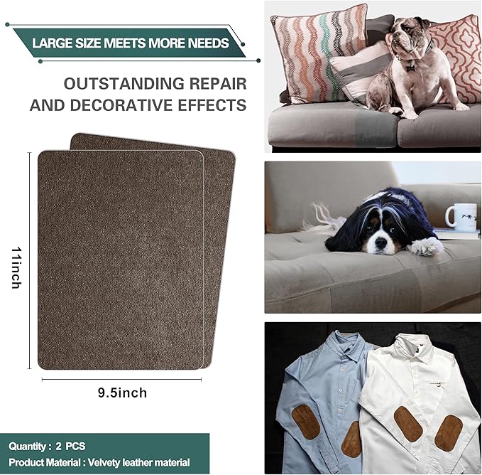 Azobur Couch Patch Repair Fabric,Microfiber Fabric, Self-Adhesive, for Sofa Repair and Upholstery, 2 Pieces, 9.5 x 11 inches (Dark Brown)
