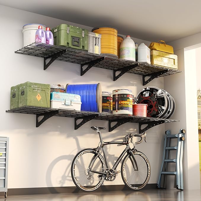 4Pack 2x6ft Garage Shelving Wall Mounted, 2400 Lbs Heavy Duty Garage Wall Shelving Storage Shelves for Basement, Laundry Room, Heavy Duty Floating Shelves Holds Up to(Black), 70.86" x 23.6"