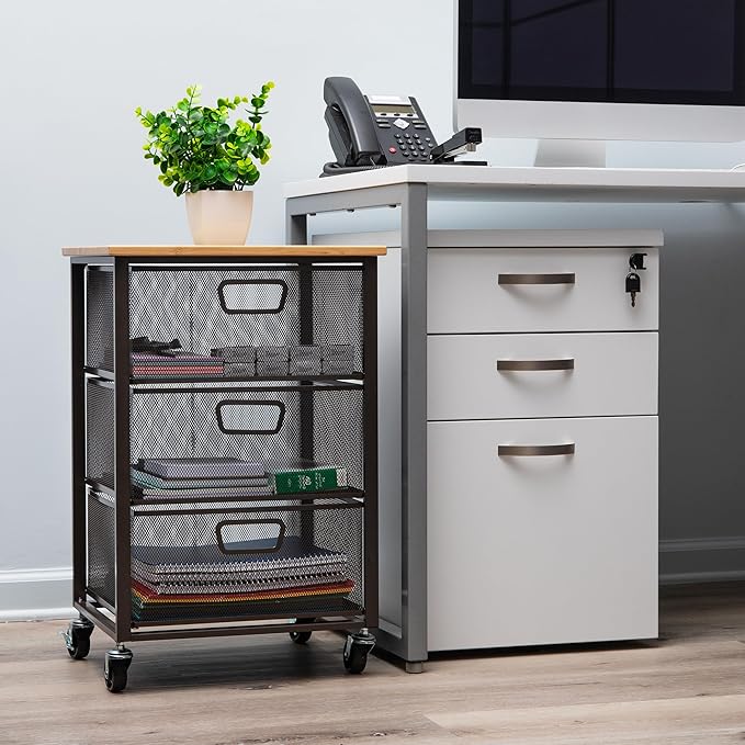 Mind Reader 3-Drawer Rolling Storage Cart, Office Organizer with Wood Top, Multipurpose Portable Cabinet with Wheels, Metal Mesh, Black