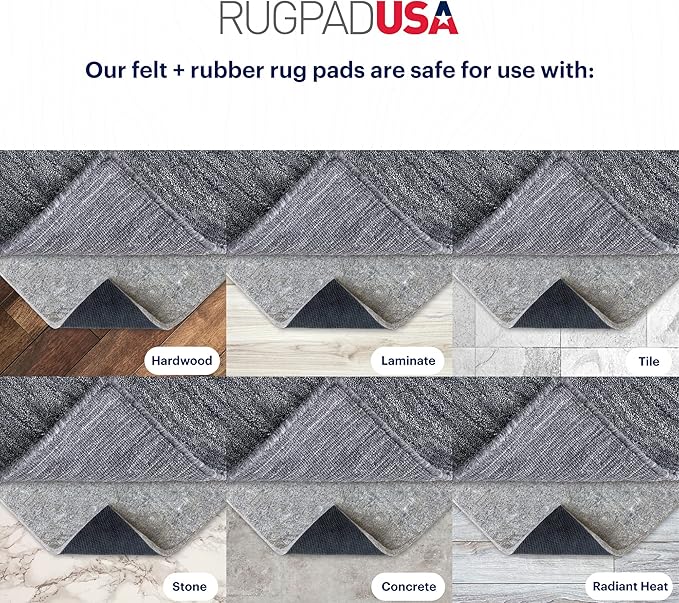 RUGPADUSA - Dual Surface - 7'x10' - 3/8" Thick - Felt + Rubber - Enhanced Non-Slip Rug Pad - Adds Comfort and Protection - for Hard Surface Floors