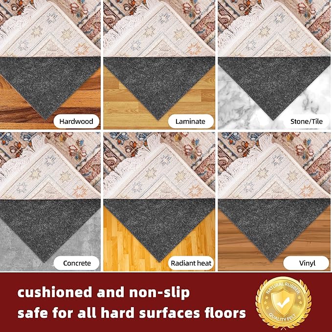 BAGAIL Felt and Natural Rubber Backing Rug Pads 1/4” Thick, 9 x 12 Ft Non Slip Carpet Gripper Keep Rugs in Place, Under Area Rug Protective Cushioned Pads, Carpet Runners, Hardwood Floors Protection