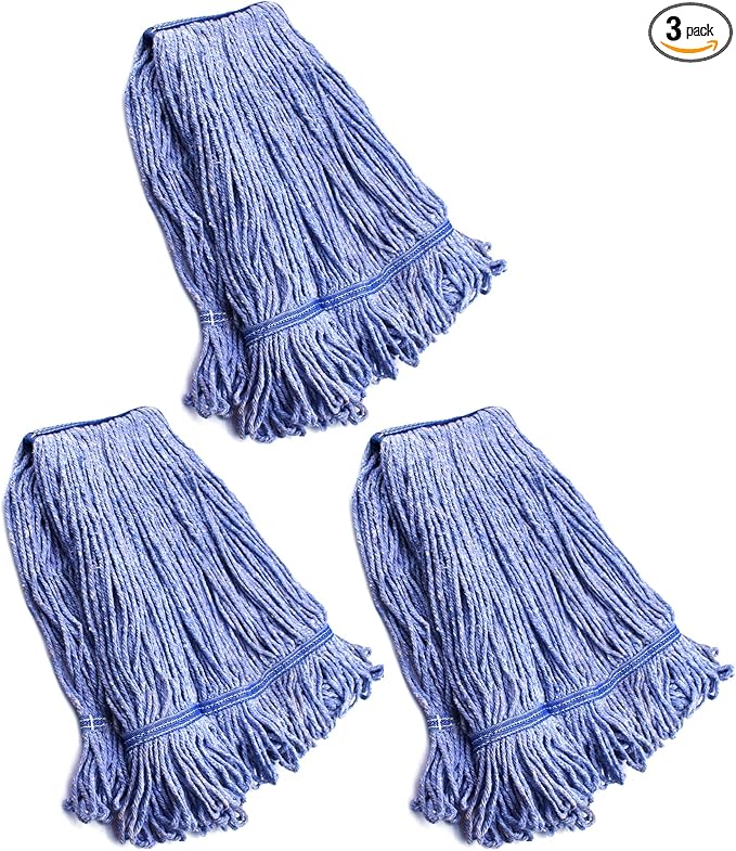 String Mop Heads Replacement Heavy Duty Commercial Grade Blue Cotton Looped End Wet Industrial Cleaning Mop Head Refills (3, Medium)