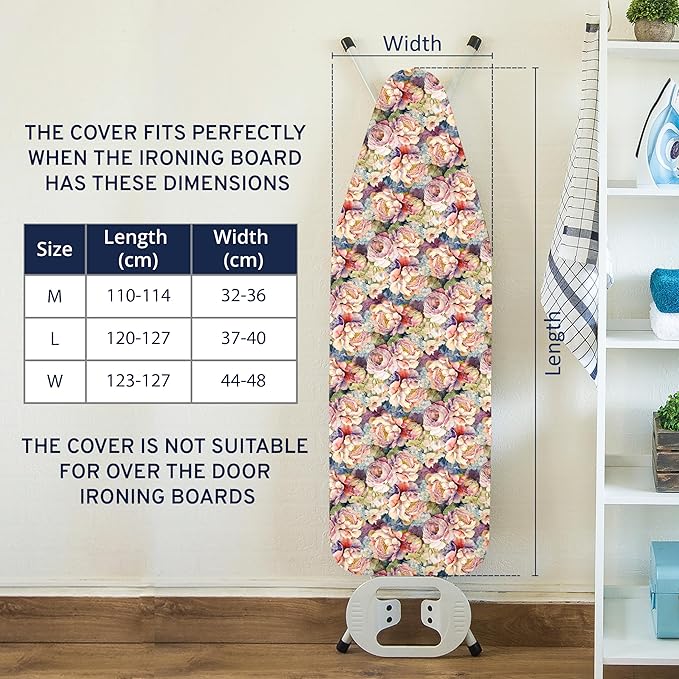 Encasa XO Ironing Board Cover and Pad 42"x14" - Free Silicone Iron Rest & Mesh Cloth - 4mm Felt, Medium Iron Board Cover with Padding - Heat Resistant, Non Slip Drawstring Wildflowers