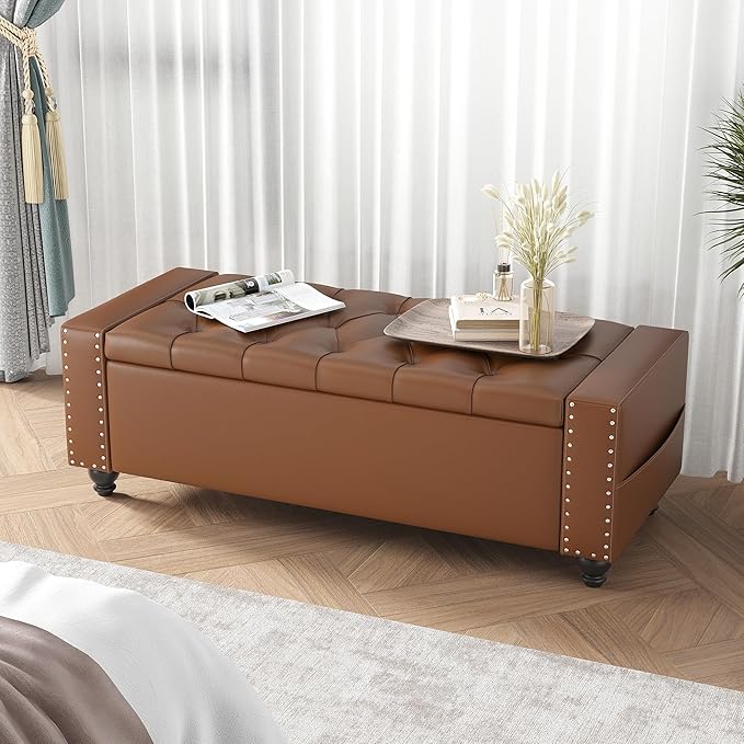 Maupvit Storage Ottoman Bench, 49 Inch Bedroom Bench, Upholstered Ottoman with Storage, Entryway Bench with Tufted Button, Faux Leather Window Bench for Bedroom, Living Room, Entryway, Hallway, Brown