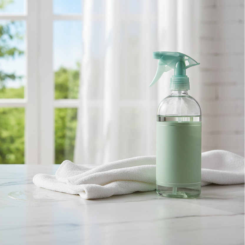 A clean kitchen counter with marble texture. A small grease spot being wiped away with a soft cloth, next to an Aireen Multi-Surface Cleaner bottle (sage label). Background: large window with soft daylight, sheer curtain, and a hint of greenery outside. Color palette: #5C8D63, #7DA7B8 (mist blue), #F7F9F8. No text, no people. Airy and fresh mood. 16:9 aspect ratio.