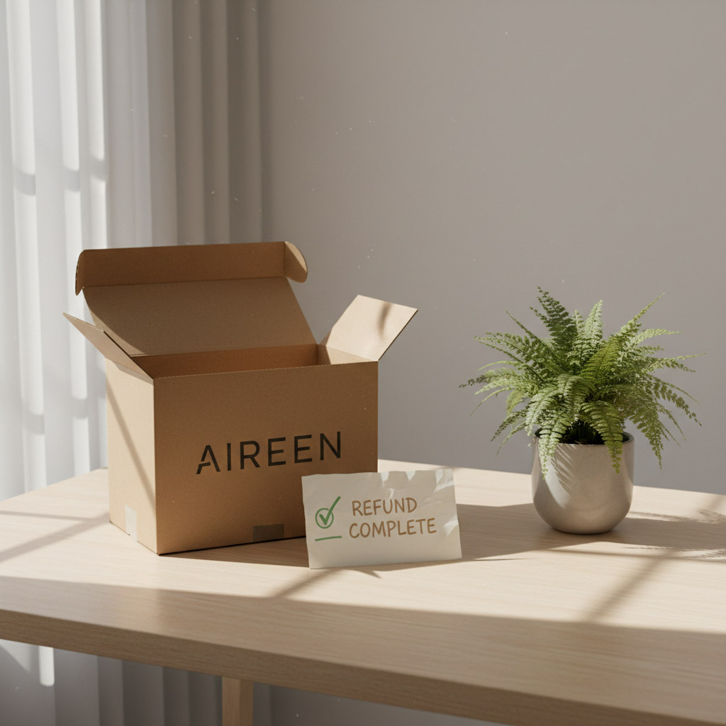 A quiet home office desk with light wood surface. An open Aireen package, a refund note with a gentle checkmark, and a small potted plant. Soft shadows, warm natural lighting. Colors: #5C8D63, #E9E6DF, #FFFFFF. No text, no faces, no logos. Emotion: trust, ease, resolution. Square format (1:1).