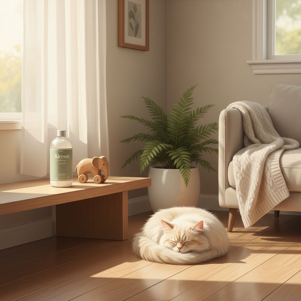 A serene, sunlit living room corner with soft wooden floors. On a low shelf: an Aireen cleaner bottle (sage green label), a child’s small toy, and a sleeping cat curled beside it. Gentle light, muted tones of #5C8D63 (sage), #E9E6DF (linen), and #FFFFFF. No text, no people, no clutter. Calm and safe atmosphere. High resolution, 1:1 aspect ratio.