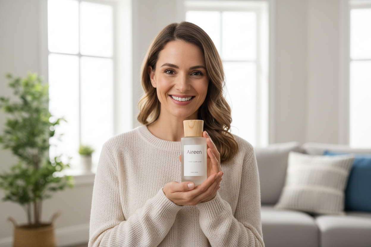 smiling mom holding Aireen air freshener